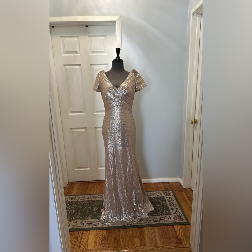Sequin V-Neck Floor-Length Gown in Champagne